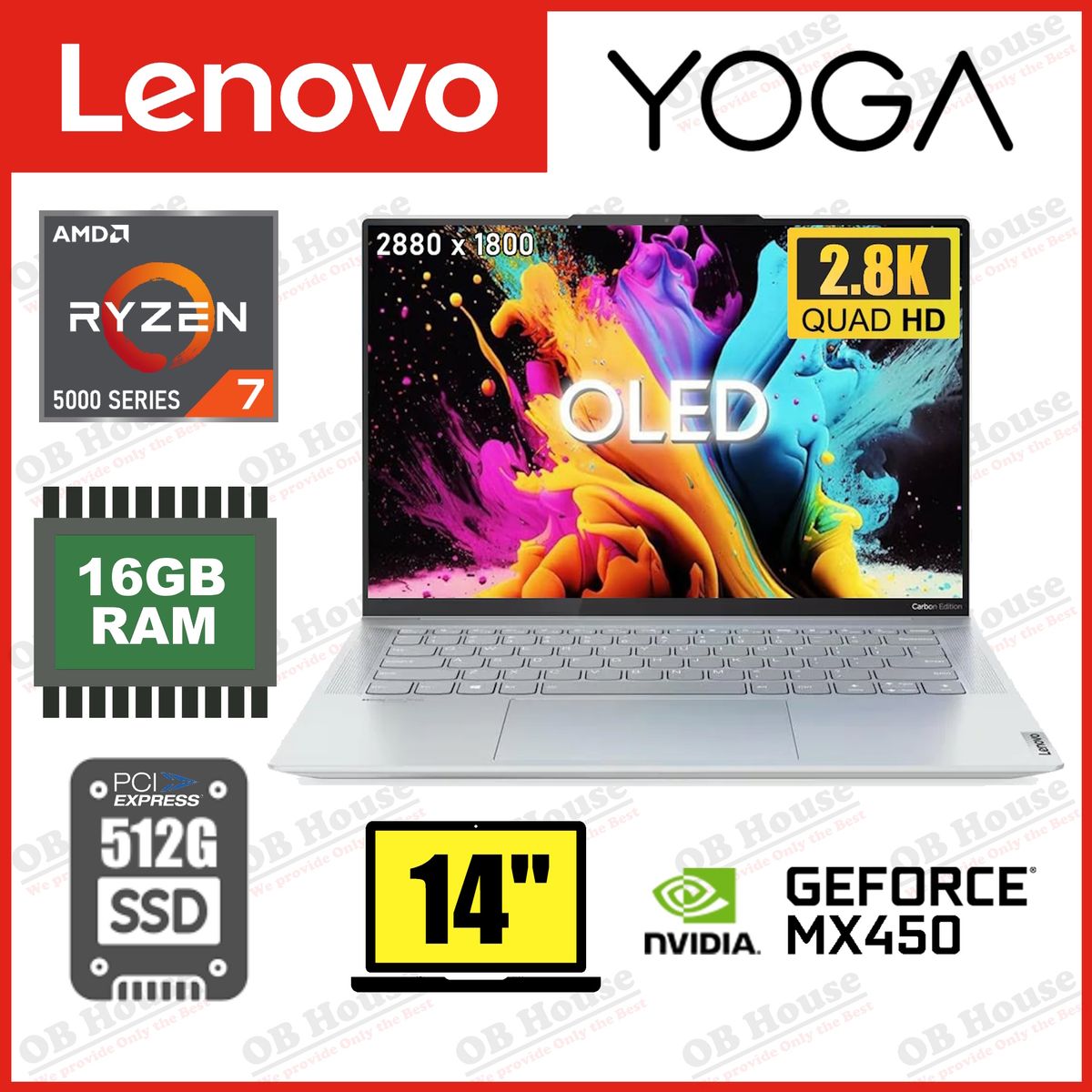 Yoga Slim 7 Carbon 14ACN6 R7 5800U 512GB SSD 14" 2.8K OLED Laptop (82L00021HH) - High Quality Demo Unit