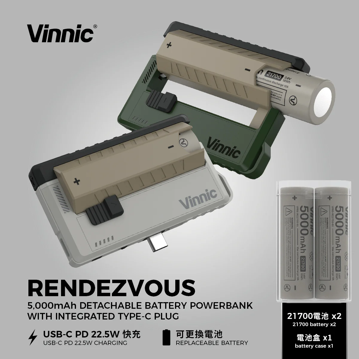 Rendezvous 5000mAh 可換電Type-C 直插式 雙輸出行動電源 (VPPB-DC05G1)