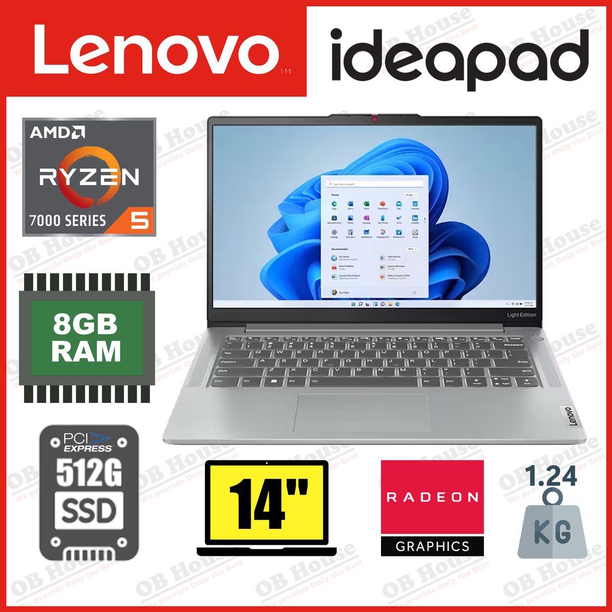 IdeaPad Slim 5 Light 14ABR8 Ryzen 5 7530U 14吋 全高清 手提電腦 (82XS0000HH) - 高質陳列品