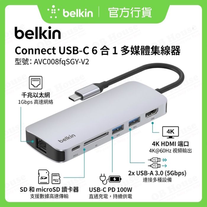 Connect USB-C 6 合 1 多媒體集線器 (AVC008fqSGY-V2)